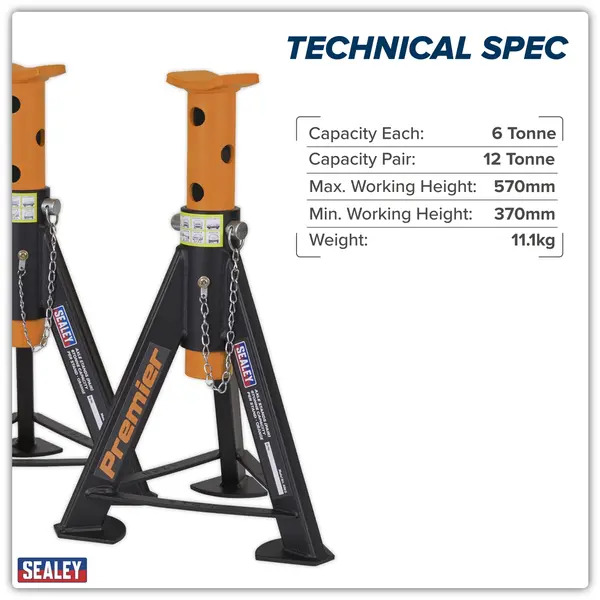 Sealey AS6O Premier Axle Stands (Pair) 6 Tonne Capacity per Stand - Orange