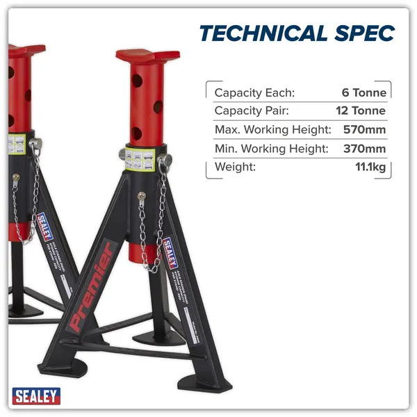 Sealey AS6R Premier Axle Stands (Pair) 6 Tonne Capacity per Stand - Red