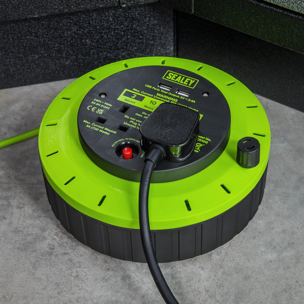 Sealey BCR10G 10m Cassette Type Cable Reel with Thermal Trip 2 x 230V & 2 x USB - Hi-Vis Green