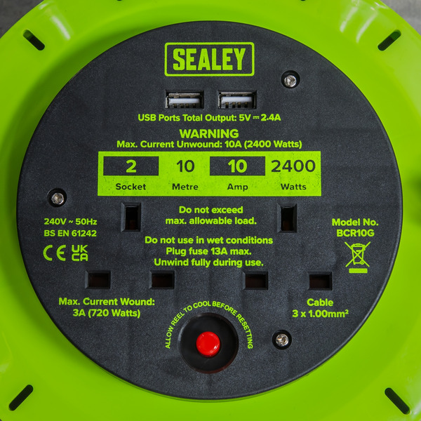 Sealey BCR10G 10m Cassette Type Cable Reel with Thermal Trip 2 x 230V & 2 x USB - Hi-Vis Green