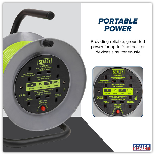 Sealey BCR153TG 15m Cable Reel with Thermal Trip 4 x 230V - Hi-Vis Green