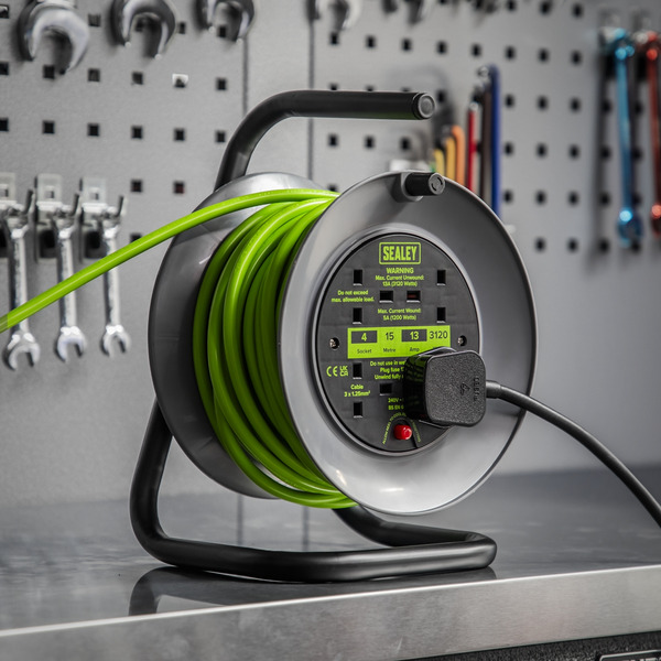 Sealey BCR153TG 15m Cable Reel with Thermal Trip 4 x 230V - Hi-Vis Green