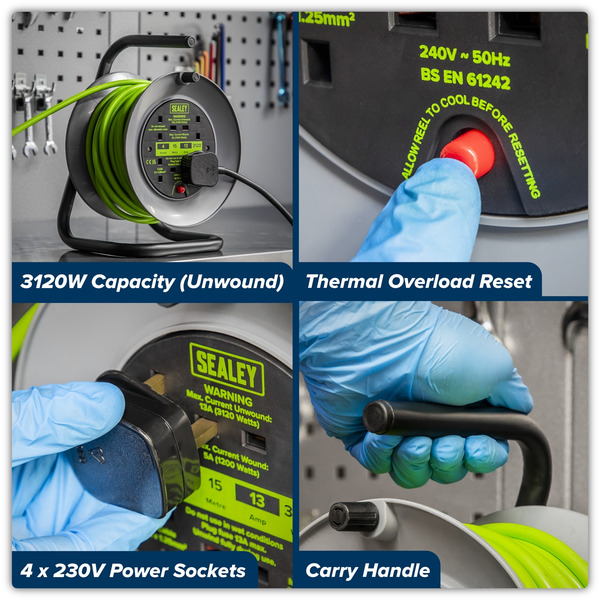 Sealey BCR153TG 15m Cable Reel with Thermal Trip 4 x 230V - Hi-Vis Green