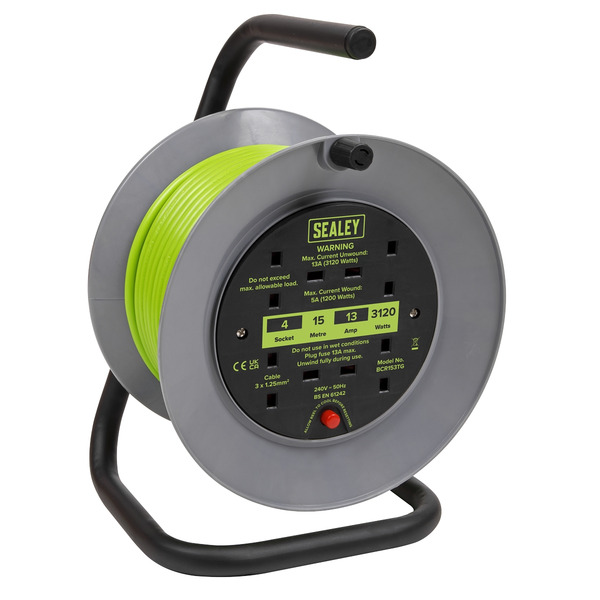 Sealey BCR153TG 15m Cable Reel with Thermal Trip 4 x 230V - Hi-Vis Green