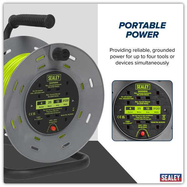 Sealey BCR25G 25m Cable Reel with Thermal Trip 4 x 230V - Hi-Vis Green