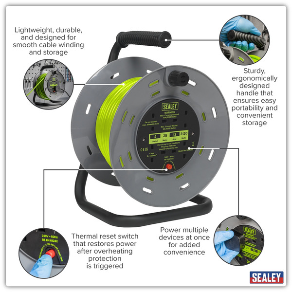 Sealey BCR25G 25m Cable Reel with Thermal Trip 4 x 230V - Hi-Vis Green