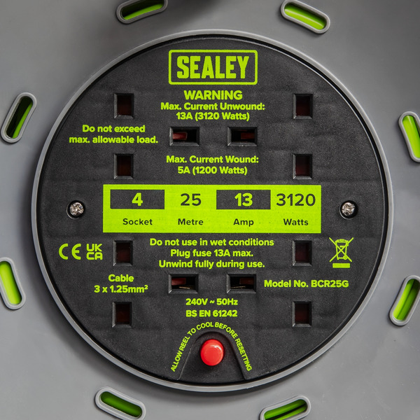 Sealey BCR25G 25m Cable Reel with Thermal Trip 4 x 230V - Hi-Vis Green