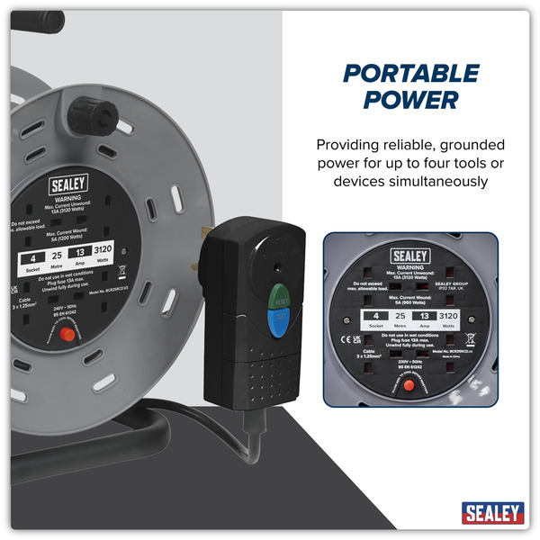 Sealey BCR25RCD 25m Cable Reel with Thermal Trip & RCD Plug 4 x 230V