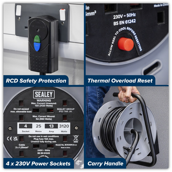 Sealey BCR25RCD 25m Cable Reel with Thermal Trip & RCD Plug 4 x 230V