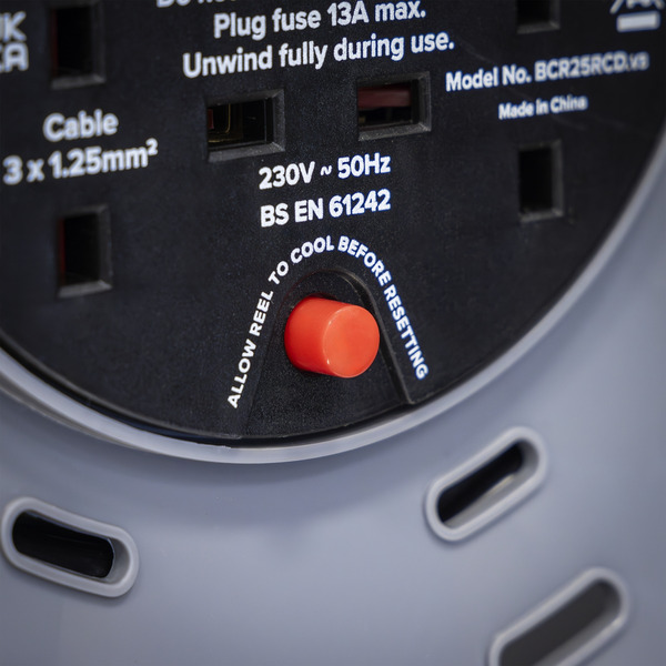 Sealey BCR25RCD 25m Cable Reel with Thermal Trip & RCD Plug 4 x 230V