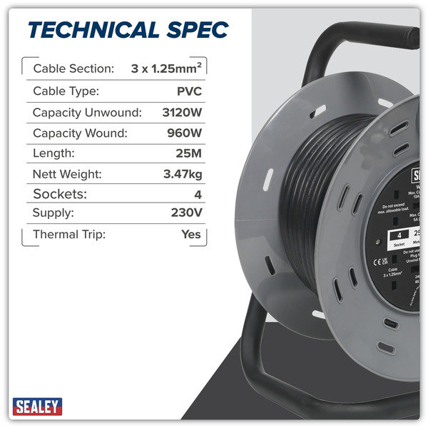 Sealey BCR25RCD 25m Cable Reel with Thermal Trip & RCD Plug 4 x 230V