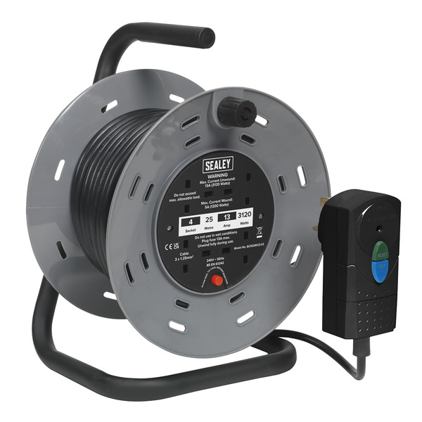 Sealey BCR25RCD 25m Cable Reel with Thermal Trip & RCD Plug 4 x 230V