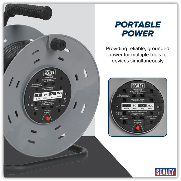 Sealey BCR50 50m Cable Reel with Thermal Trip 4 x 230V