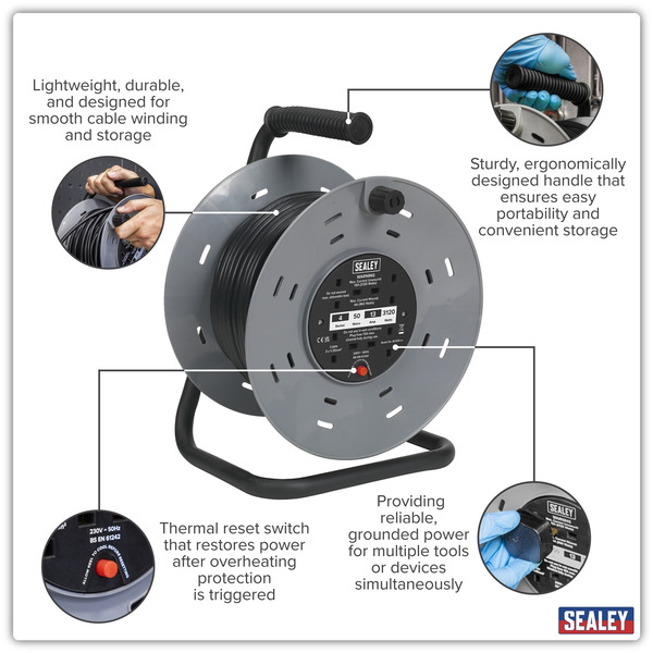 Sealey BCR50 50m Cable Reel with Thermal Trip 4 x 230V