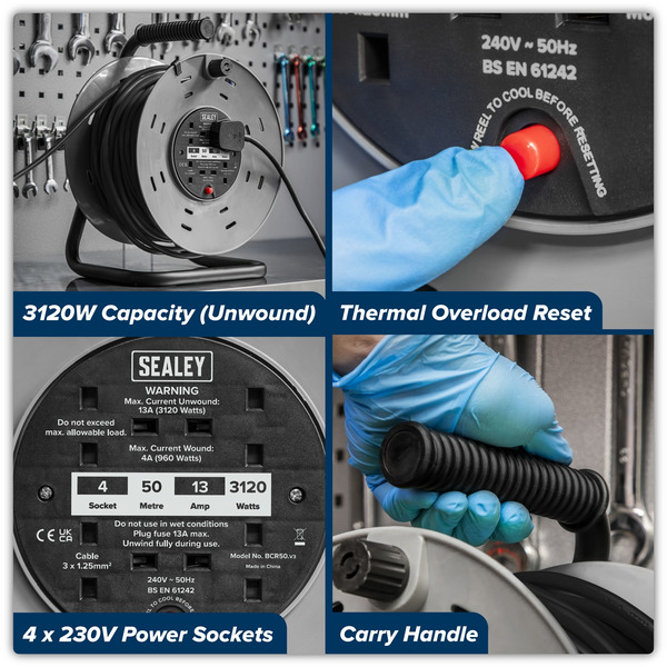 Sealey BCR50 50m Cable Reel with Thermal Trip 4 x 230V