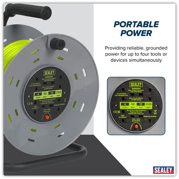 Sealey BCR50G 50m Cable Reel with Thermal Trip 4 x 230V - Hi-Vis Green