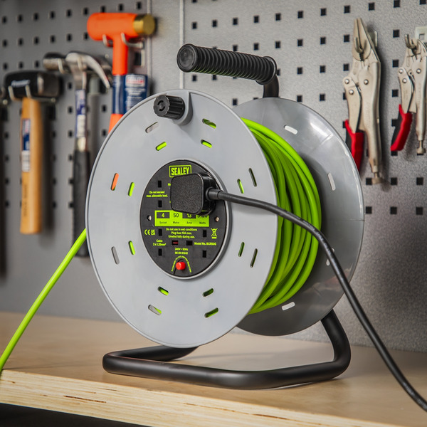 Sealey BCR50G 50m Cable Reel with Thermal Trip 4 x 230V - Hi-Vis Green