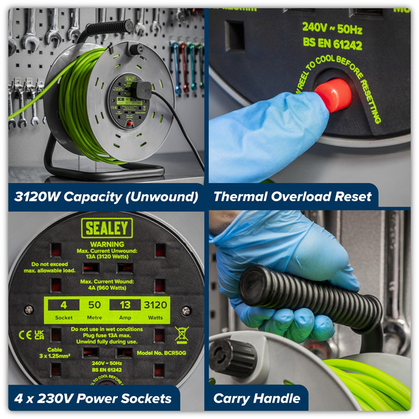 Sealey BCR50G 50m Cable Reel with Thermal Trip 4 x 230V - Hi-Vis Green