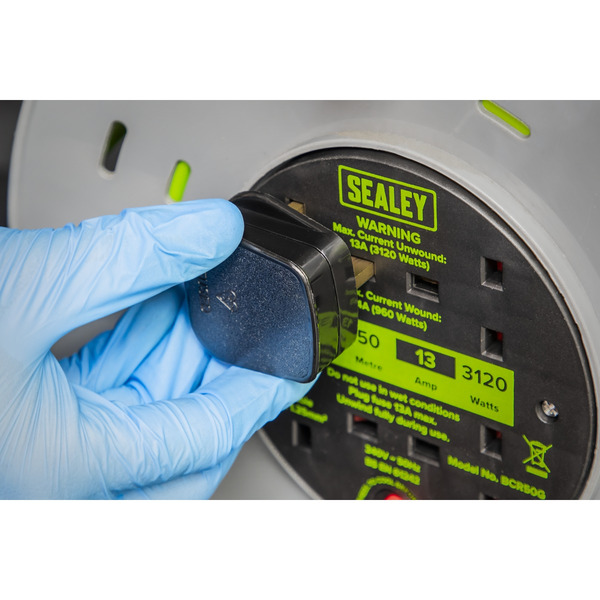 Sealey BCR50G 50m Cable Reel with Thermal Trip 4 x 230V - Hi-Vis Green