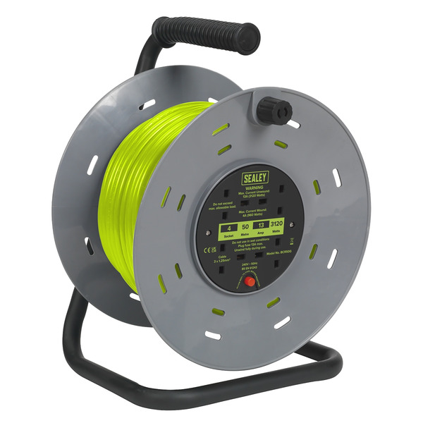 Sealey BCR50G 50m Cable Reel with Thermal Trip 4 x 230V - Hi-Vis Green