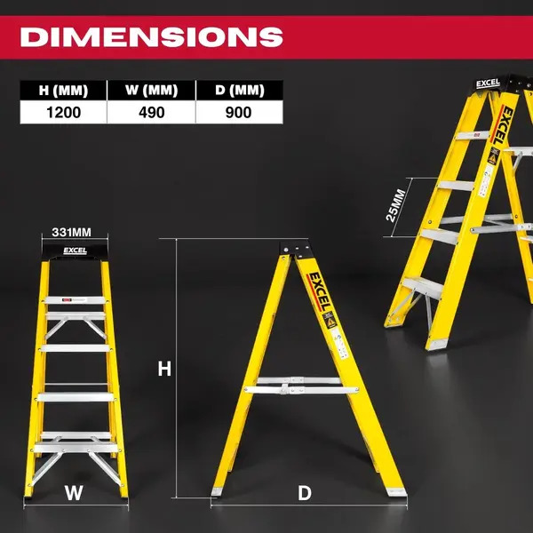 Excel 6414 Electricians Fibreglass Step Ladder 5 Tread 1.2m Heavy Duty