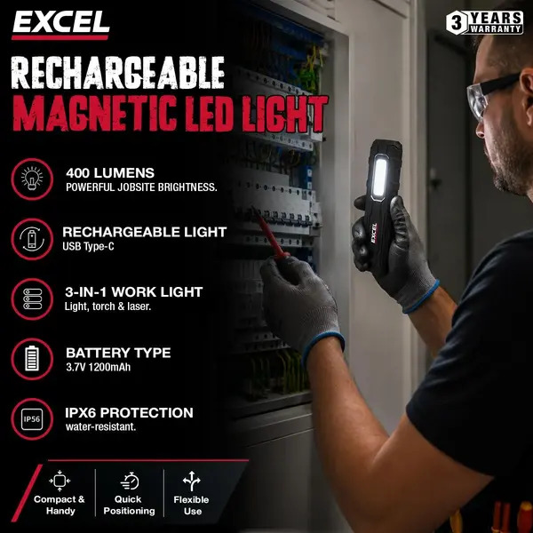 Excel 10947 400 Lumens LED Rechargeable Magnetic Handheld Work Light with Red Laser
