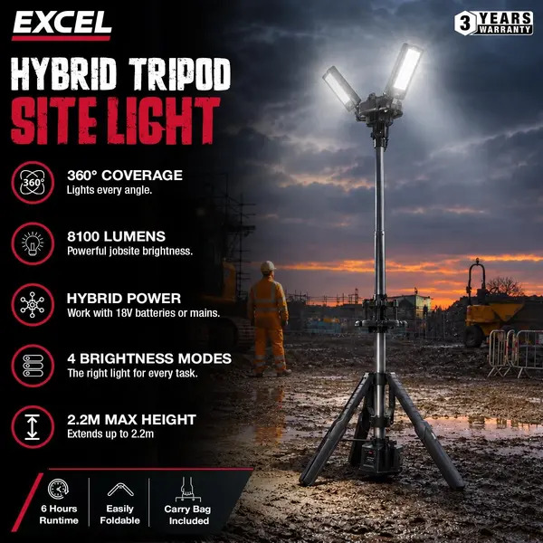 Excel EXL10750 10750 18V/240V 8100 Lumens Hybrid Tripod LED Flood Light with Carry Bag