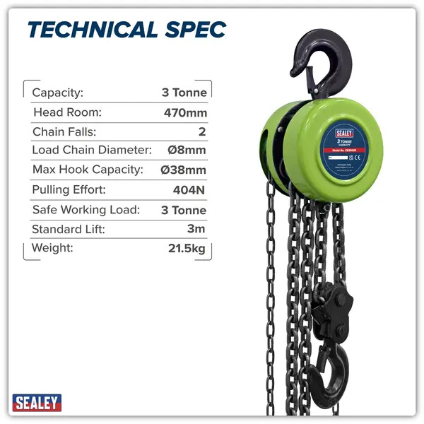 Sealey CB3000E 3m Chain Block 3 Tonne
