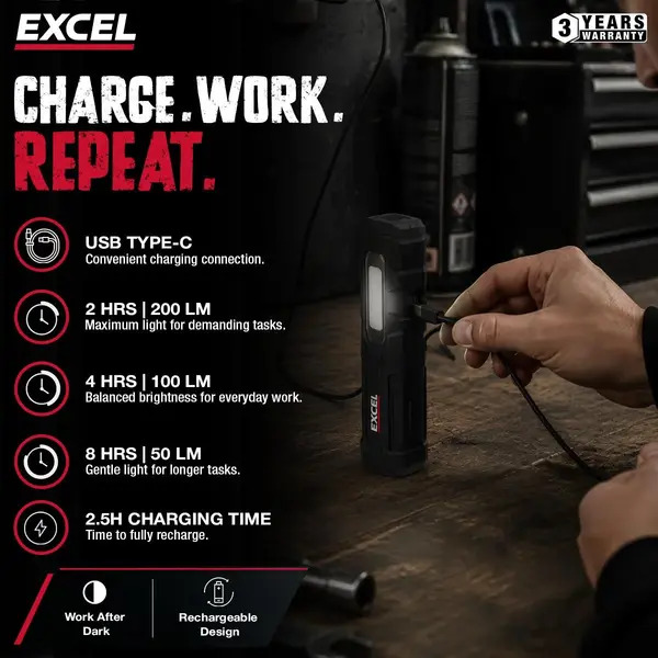 Excel EXL10948 10948 200 Lumens LED Rechargeable Magnetic Handheld Work Light with Flashlight
