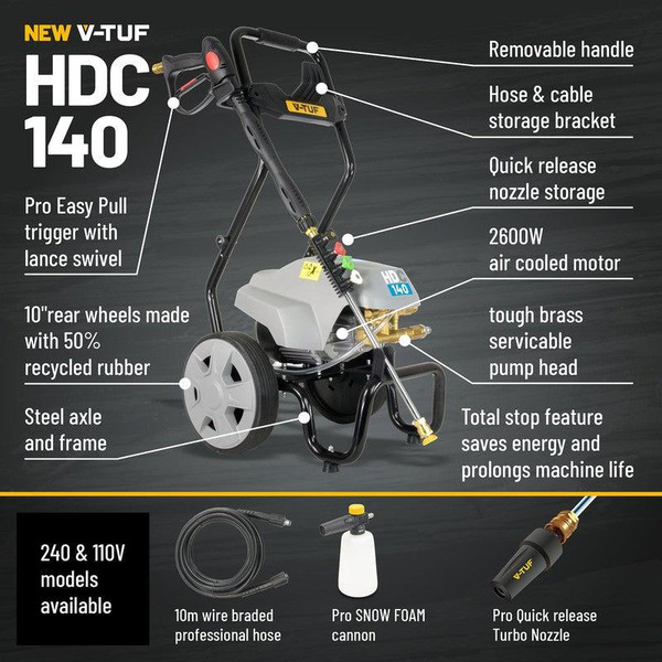 V-TUF HDC140 - 240v Professional Cold Electric Pressure Washer with Cage Frame - 2030psi, 140Bar, 8L/min
