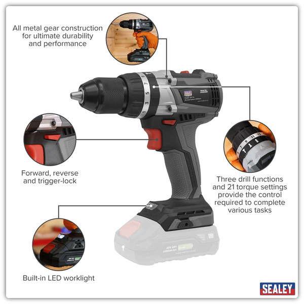 Sealey CP20VDDX Premier SV20 Series 13mm Brushless Cordless Combi Drill 20V - Body Only