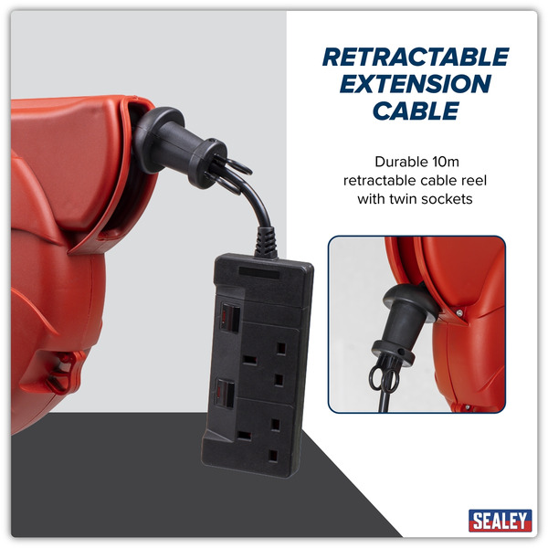 Sealey CRM10 Cable Reel System Retractable 10m 2 x 230V Socket