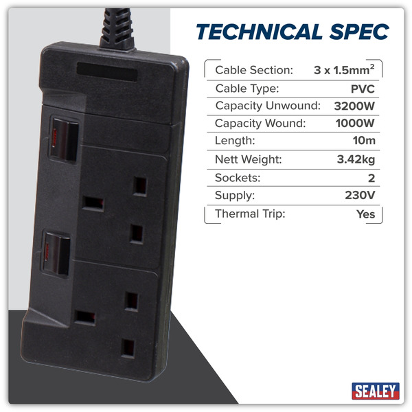 Sealey CRM10 Cable Reel System Retractable 10m 2 x 230V Socket