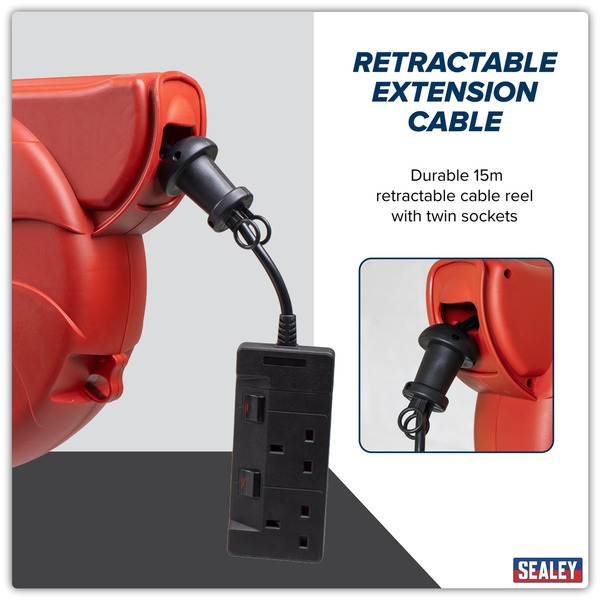 Sealey CRM15 Cable Reel System Retractable 15m 2 x 230V Socket
