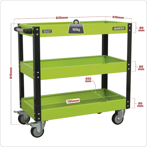 Sealey CX110HV Superline PRO&reg; Heavy-Duty Workshop Trolley 3-Level - Hi-Vis Green