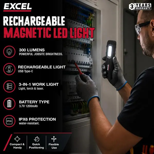Excel 10946 600 Lumens LED Rechargeable Magnetic Handheld Work Light with Red Laser