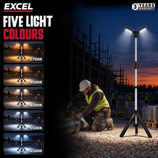 Excel EXL10968 10968 6000 Lumens Rechargeable LED Tripod Work Light with Adjustable Head