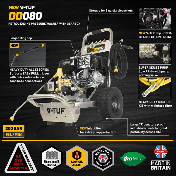 V-TUF DD080 Industrial 9HP Honda Driven Petrol Pressure Washer - 2900psi, 200Bar, 15 lpm - Stainless Steel Frame