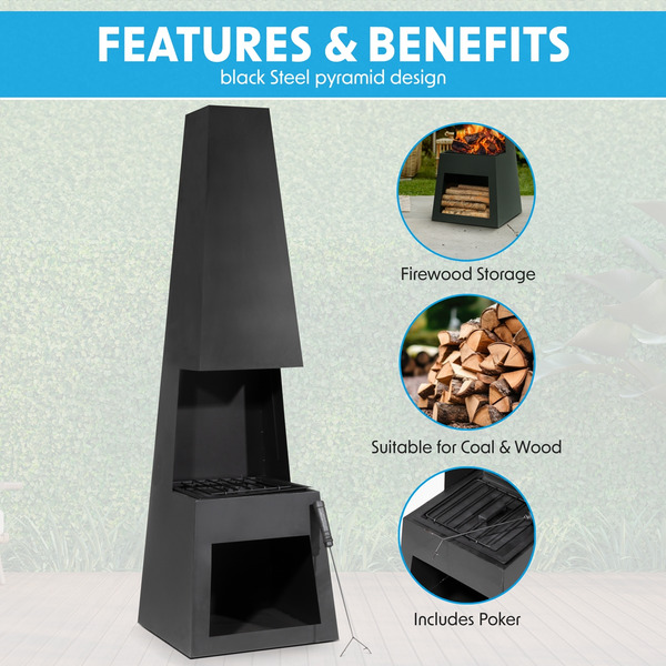 Sealey DG107 Dellonda Outdoor Chiminea Fireplace Fire Pit Heater Firewood Storage Black Steel