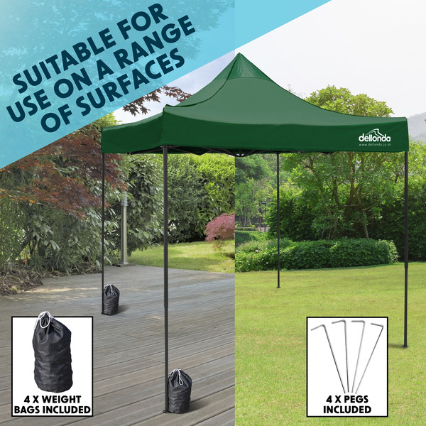 Sealey DG128 Dellonda Premium 2 x 2m Pop-Up Gazebo, Heavy Duty, PVC Coated, Water-Resistant Fabric, Supplied with Carry Bag, Rope, Stakes & Weight Bags - Dark Green Canopy