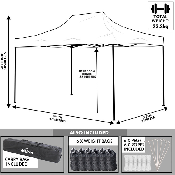 Sealey DG135 Dellonda Premium 3 x 4.5m Pop-Up Gazebo, Heavy Duty, PVC Coated, Water-Resistant Fabric, Supplied with Carry Bag, Rope, Stakes & Weight Bags - Blue Canopy