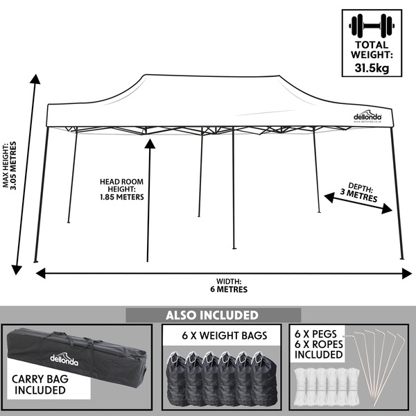 Sealey Dellonda Premium 3x6m Pop-Up Gazebo, Heavy Duty, PVC Coated, Water-Resistant Fabric, Supplied with Carry Bag, Rope, Stakes & Weight Bags - Grey Canopy