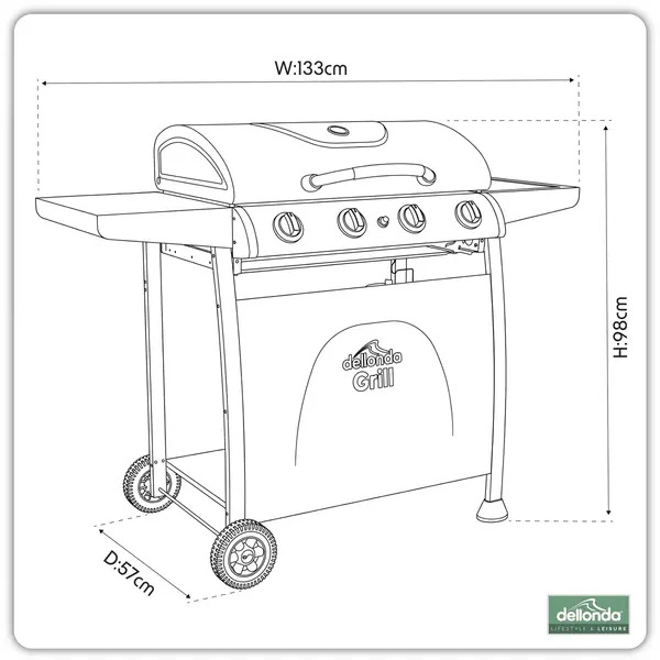 Sealey DG15 Dellonda 4 Burner Gas BBQ Grill with Piezo Ignition & Thermometer