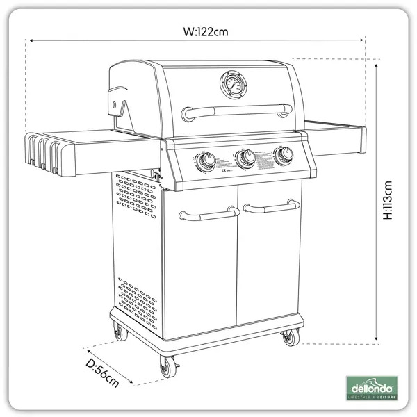 Sealey DG16 Dellonda 3 Burner Deluxe Gas BBQ Grill with Piezo Ignition & Thermometer - Stainless Steel