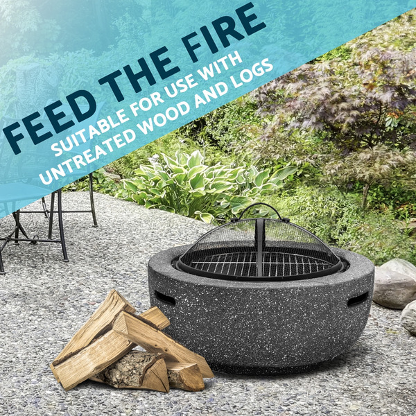 Sealey DG189 Dellonda Round MgO Fire Pit with BBQ Grill & Safety Mesh Screen 60cm - Dark Grey