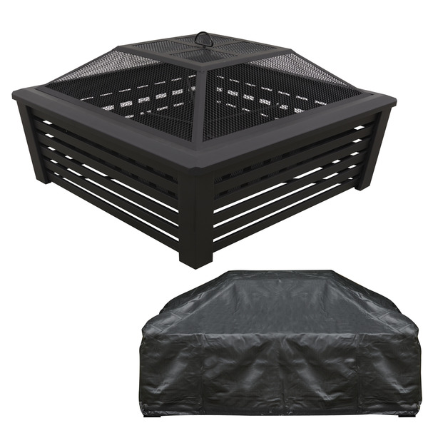 Sealey DG238 Dellonda 89cm Square Outdoor Fire Pit, Mesh Screen Lid, Black with Water-Resistant Drawstring Cover