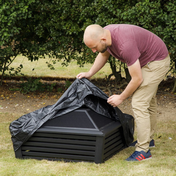 Sealey DG238 Dellonda 89cm Square Outdoor Fire Pit, Mesh Screen Lid, Black with Water-Resistant Drawstring Cover