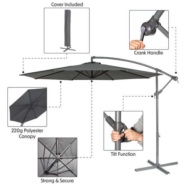 Sealey DG264 Dellonda Banana Parasol with Cover 3m - Grey