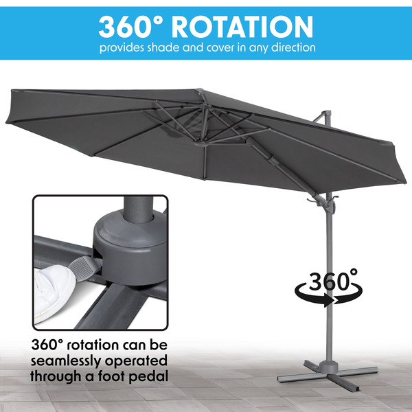 Sealey DG267 Dellonda Cantilever Parasol with 360° Rotation, Tilt & Cover 3m - Grey