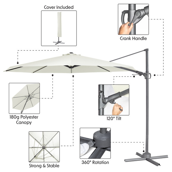 Sealey DG268 Dellonda Cantilever Parasol with 360° Rotation, Tilt & Cover 3m - Cream